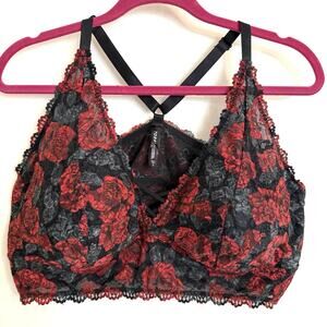 Torrid Bra 3X Black and Red Floral Lace Bralette Racerback Mesh Lined Sexy Comfy